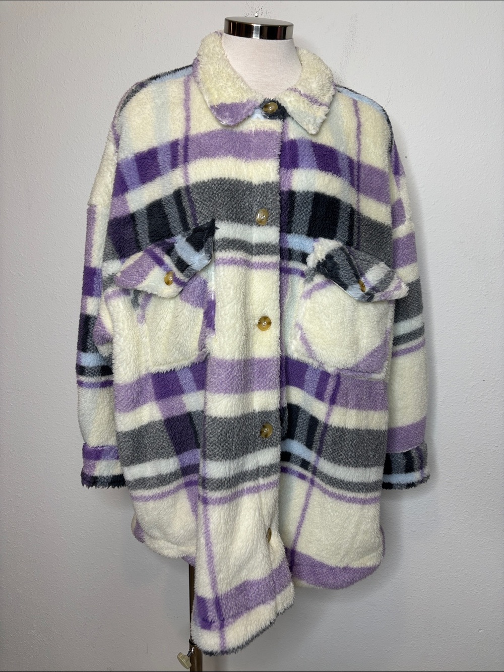 Terra & Sky Cream Plaid Teddy Shacket with Lavender & Gray